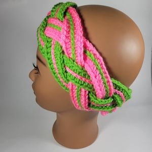 Handmade pink and green  ear warmer headband.